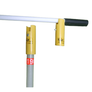 Pair of simple tube units to fit on the end of a standard vaulting pole for lifting pole vault cross-bars into place
